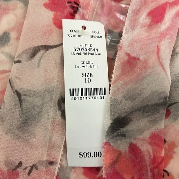 NWT WHBM Long Sleeve Floral Tie-Neck Blouse Size 10 - Picture 7 of 11